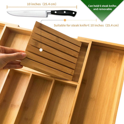 VaeFae Bamboo Silverware Drawer Organizer Kitchen, Expandable Utensil Organizer with Knife Block