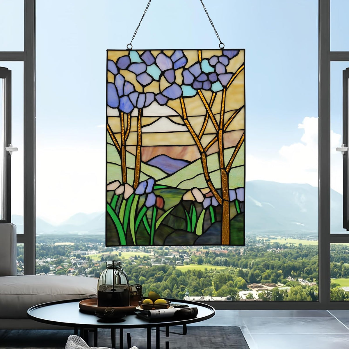 YOURANJU Stained Glass Window Hanging 16" H x 11" W Tiffany Style Rectangular Window Panel Suitable