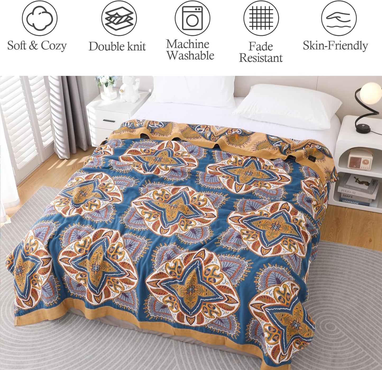 Snycler Boho Throw Blanket for Bed - 100% Cotton Ultra Soft Rustic Quilt Blanket Orange Green