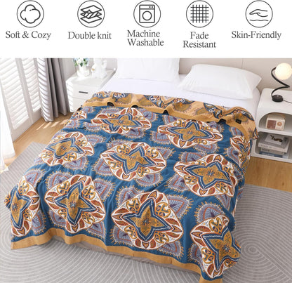 Snycler Boho Throw Blanket for Bed - 100% Cotton Ultra Soft Rustic Quilt Blanket Orange Green