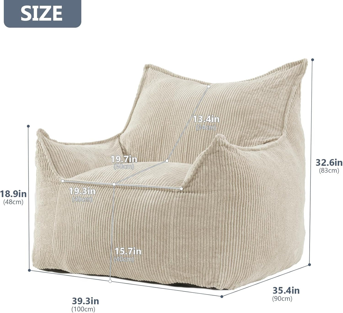 Giant Bean Bag Chair Sofa for Adults Teens, Comfy Corduroy Large Bean Bag Chairs with Armrests for