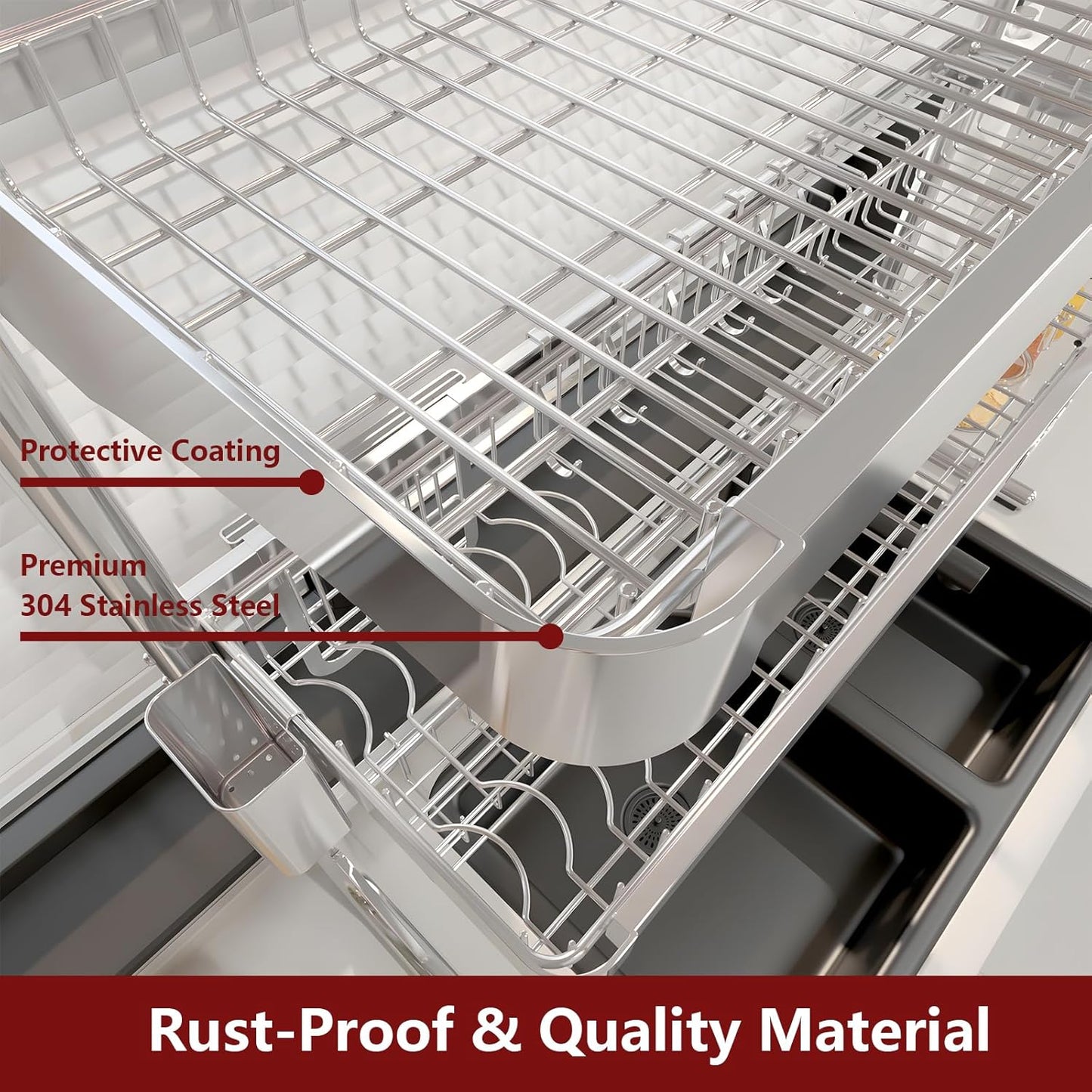 VNKZI Over Sink Dish Drying Rack, 3 Tier Full Stainless Steel Storage Adjustable Length (25.98'' to