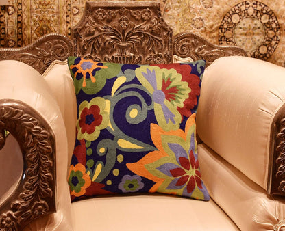 Blue Floral Pillow Cover | Navy Flower Throw Pillow | Outdoor Suzani Cushions | Hand Embroidered