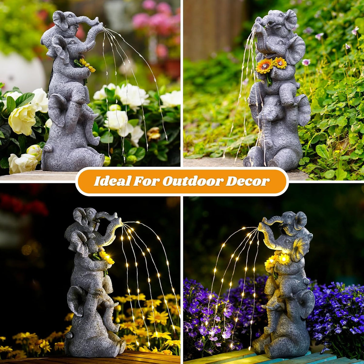 Solar Garden Decor Elephant Statue Outdoor, Luck Triple Elephant Decorations for Yard Porch Lawn