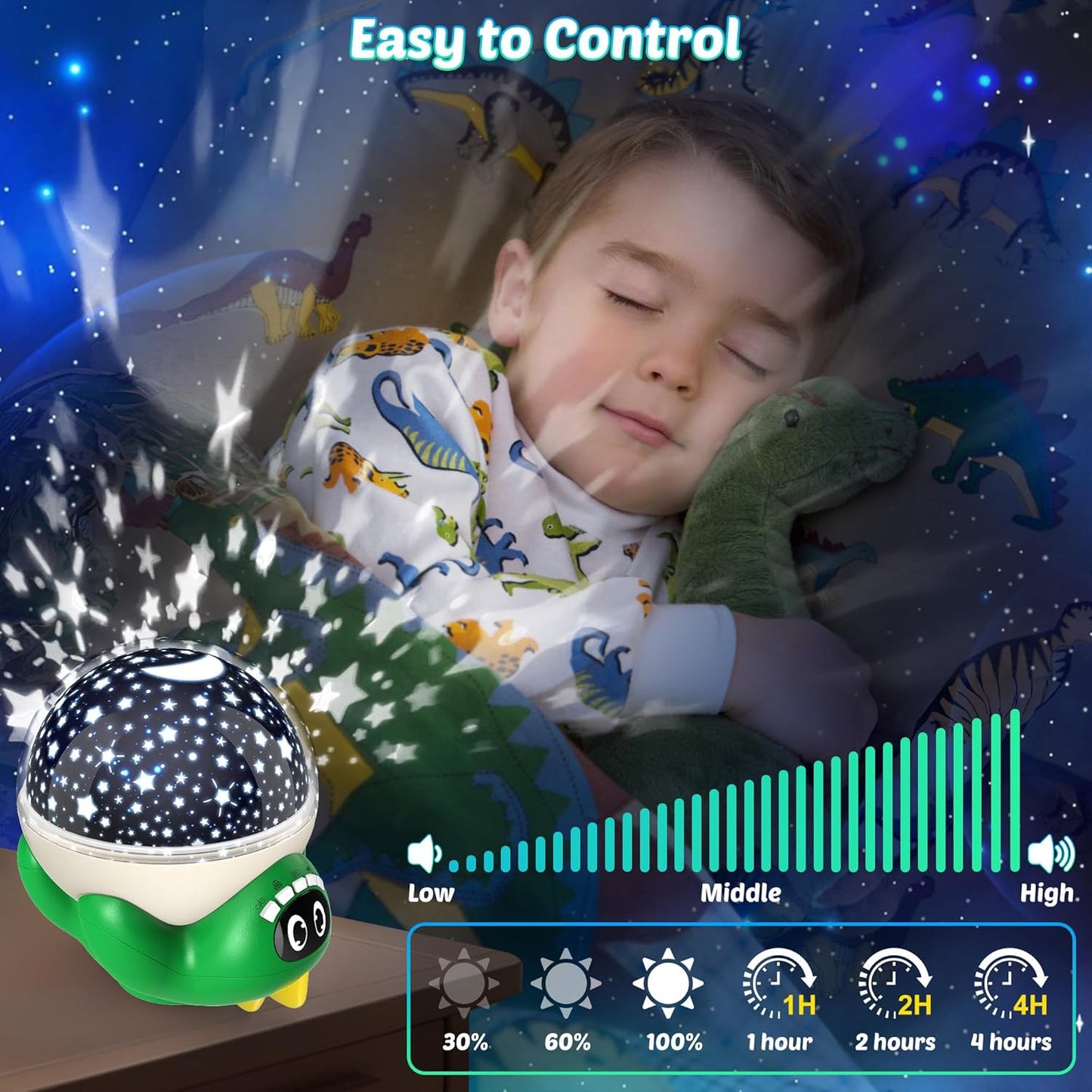 Dinosaur Night Light Projector for Kids Green Dino Toys for Boys, Star Night Lights with Music and