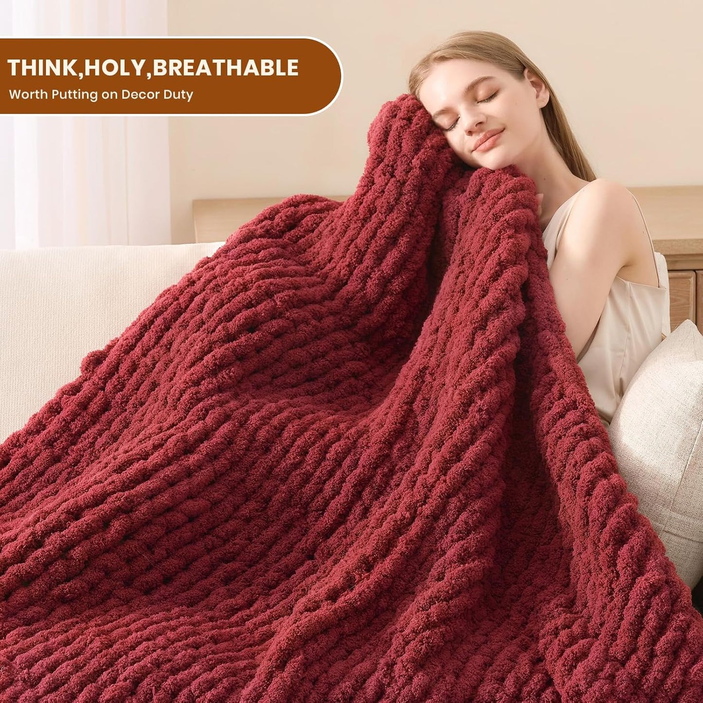 L'AGRATY Chunky Knit Blanket Throw: 50''x60'' Chenille Chunky Knitted Throw Blankets for Bed Couch