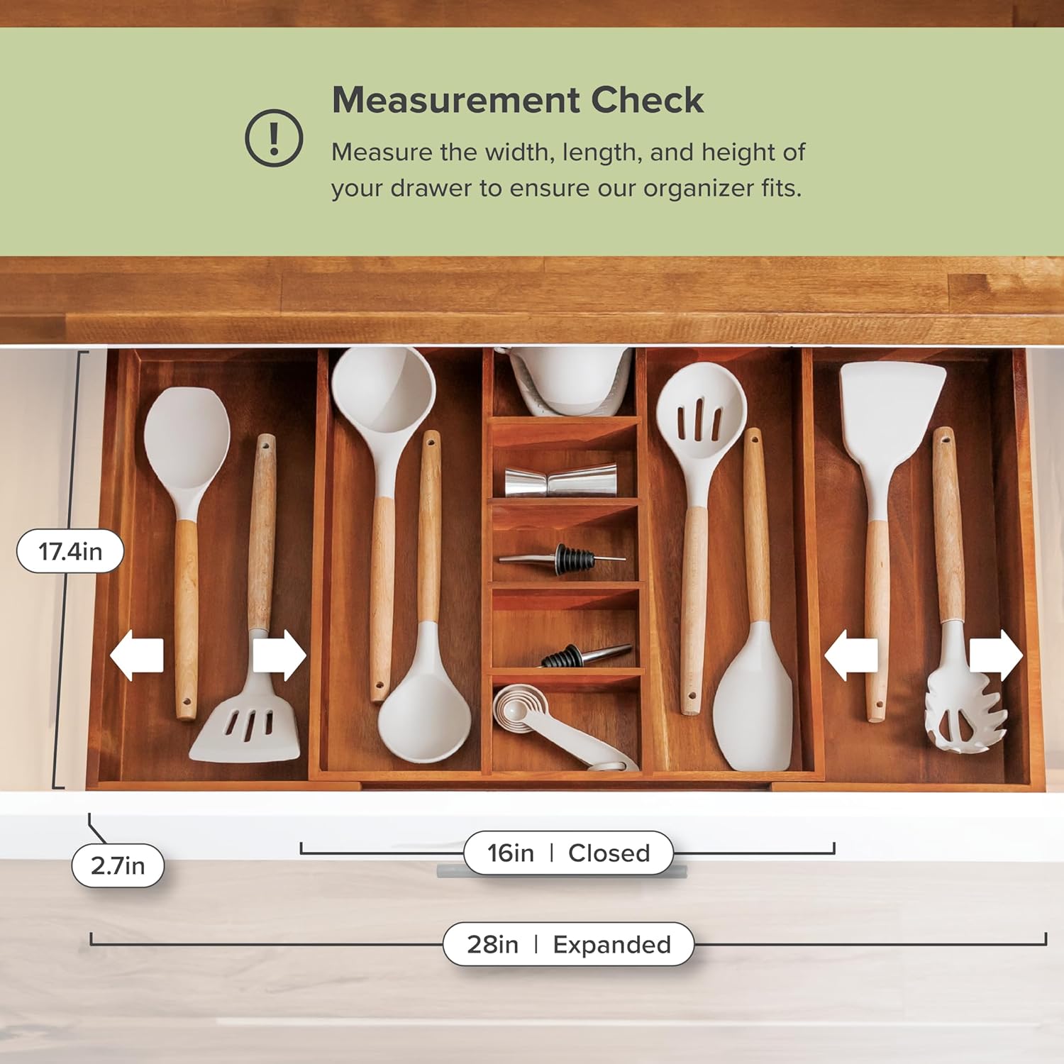 Adjustable Kitchen Drawer Organizer for Utensils and Junk, Food-Safe Contract Grade with 100%