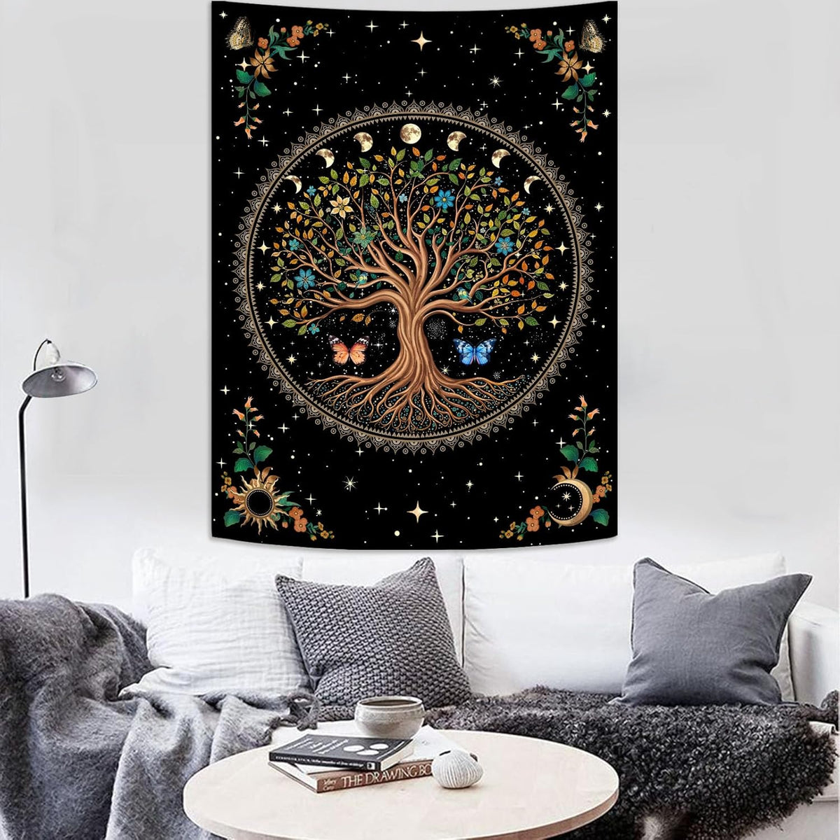 Lunerfex Tree of Life Tapestry Moon Phase Wall Tapestry, Green Tapestries for Bedroom Ceiling