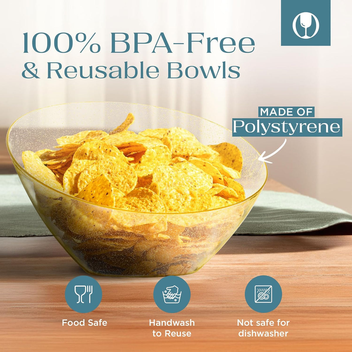 Posh Setting - Gold Plastic Serving Bowls for Party - Angled, Disposable, Chip & Candy Bowls - 54