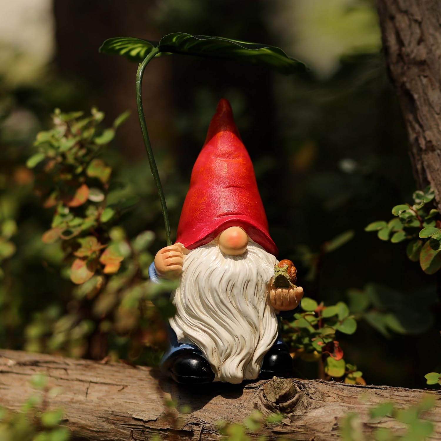 Garden Gnome Statue Decoration with Leaf Umbrella, 6.5” Figurine Ornament for Indoor Outdoor Home
