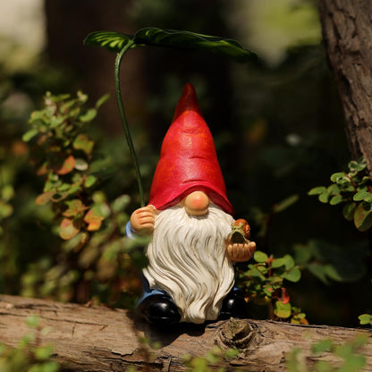 Garden Gnome Statue Decoration with Leaf Umbrella, 6.5” Figurine Ornament for Indoor Outdoor Home