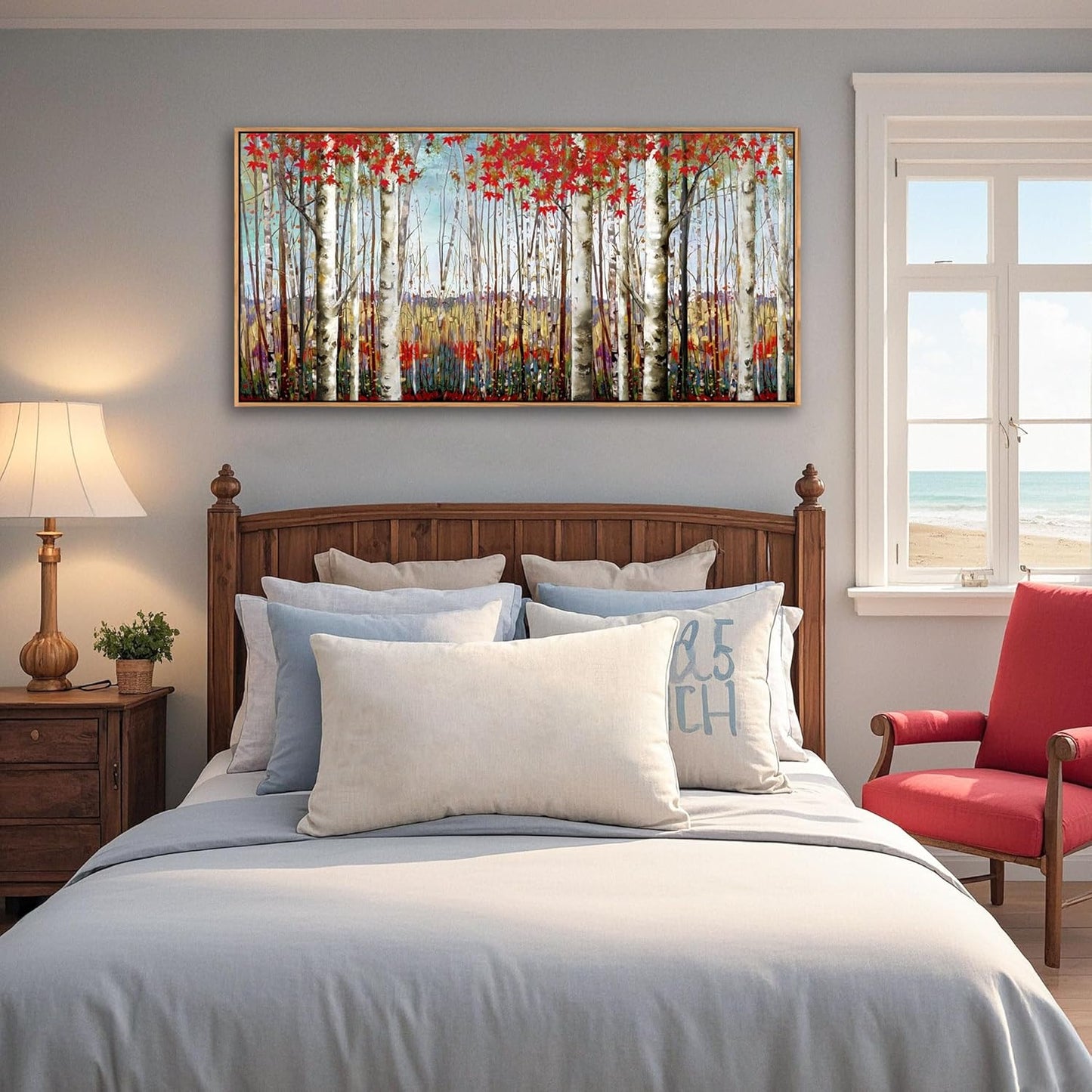Large Framed Wall Art for Living Room Birch Tree Wall Decor Red Forest Painting Artwork Wall