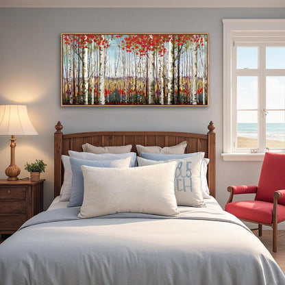 Large Framed Wall Art for Living Room Birch Tree Wall Decor Red Forest Painting Artwork Wall
