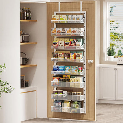 Over the Door Pantry Organizer 8-Tier, Large Metal Door Spice Rack with Adjustable Basket, 2 in 1