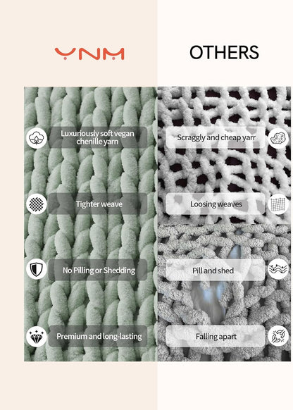 YnM Chunky Throw Blanket, Medium-Weight, Hand Knitted with Chenille Yarn, Skin Friendly, Ventilated