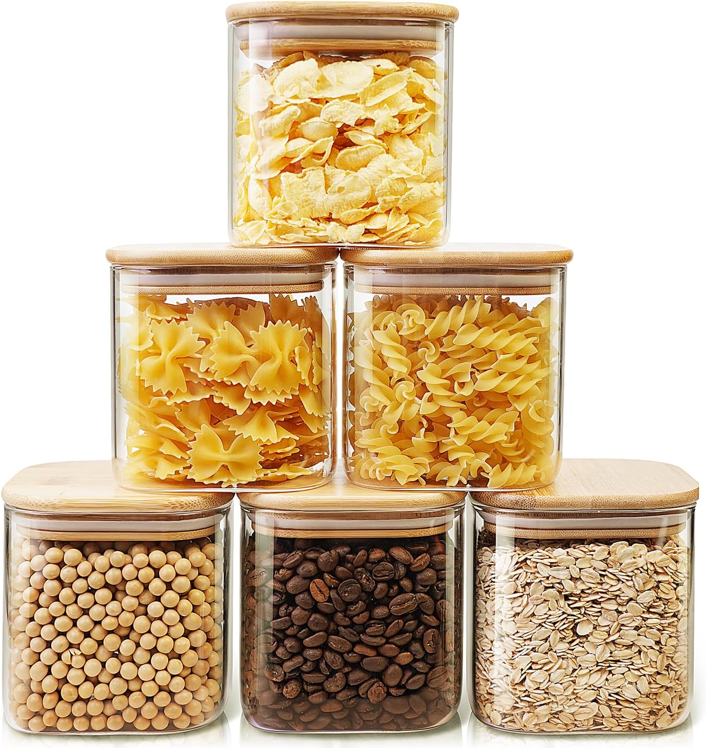 Square Glass Jars with Bamboo Lids 27 FL OZ [Set of 6], Glass Canisters with Airtight Lids, Glass