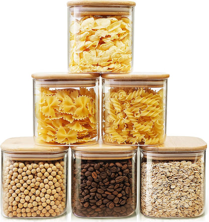 Square Glass Jars with Bamboo Lids 27 FL OZ [Set of 6], Glass Canisters with Airtight Lids, Glass