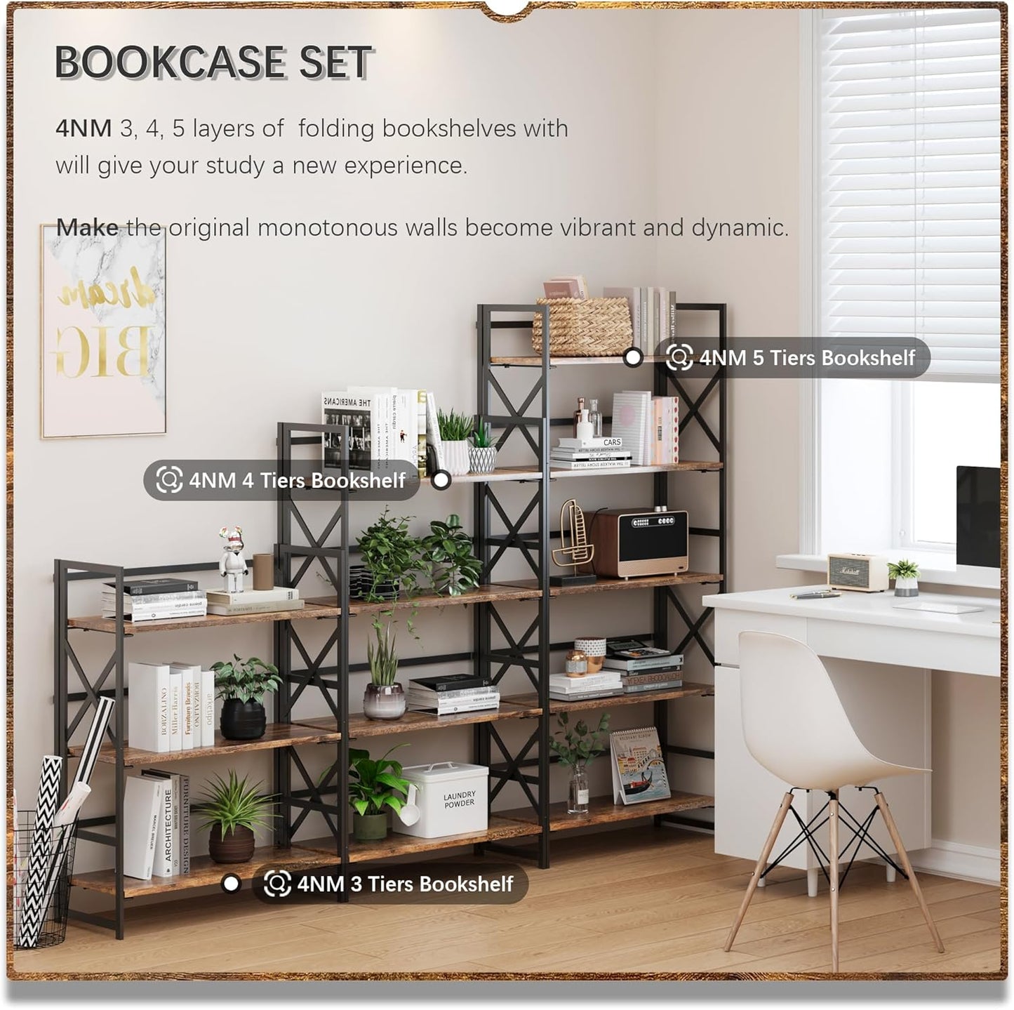 4NM 5 Tiers No Assembly Book Shelves, 51.2" H Folding Bookshelf Bookcase Open Industrial Foldable