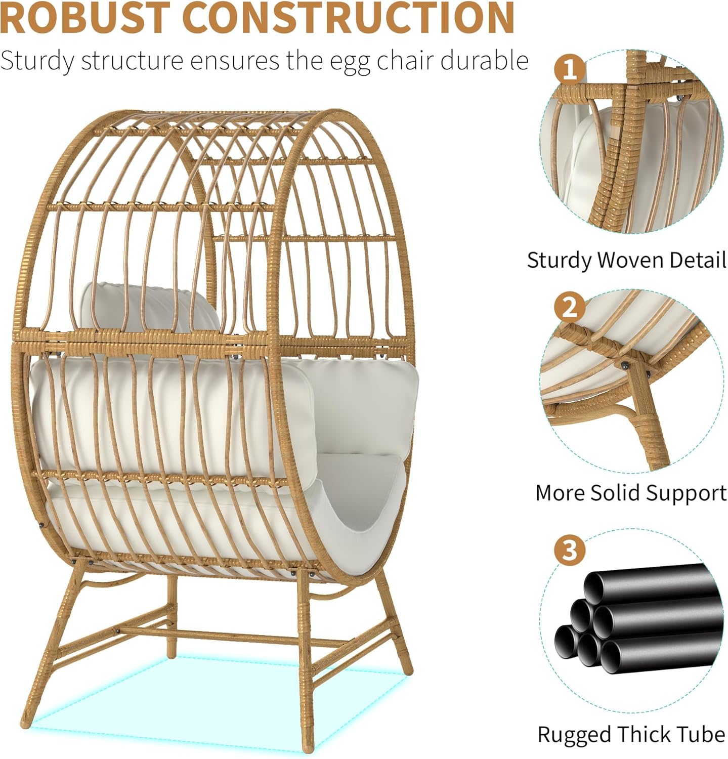 Egg Chair Outdoor Indoor, Oversized Rattan Chair with Thicken Cushion, 350LBS Capacity Wicker Patio