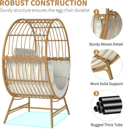 Egg Chair Outdoor Indoor, Oversized Rattan Chair with Thicken Cushion, 350LBS Capacity Wicker Patio