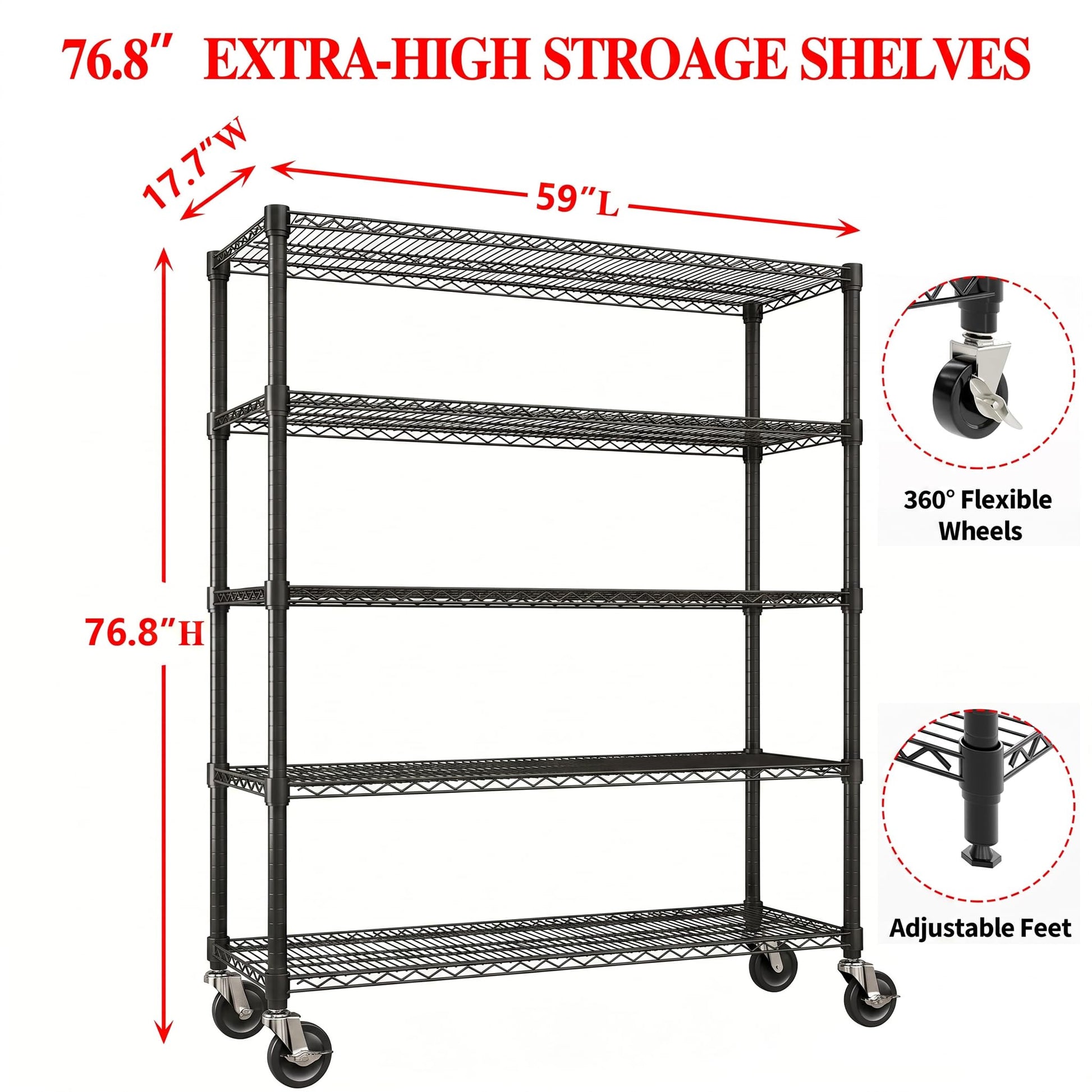 Garvee Storage Shelves, 5-Tier Metal Shelving Units with Wheels, 73" H x 59" W x 17.1" D, 3300 LBS