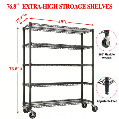 Garvee Storage Shelves, 5-Tier Metal Shelving Units with Wheels, 73" H x 59" W x 17.1" D, 3300 LBS