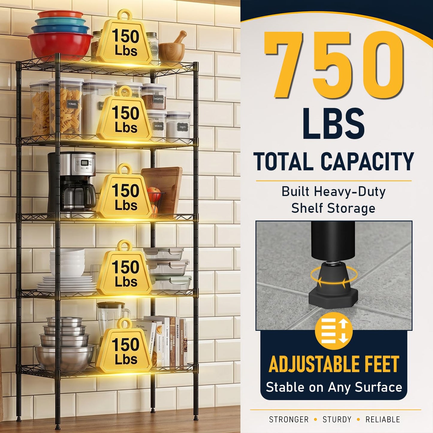 FDW 5 Tier 22L x 12W x 48H Pantry Shelves Adjustable Storage Rack Metal Shelf NSF Shelving Units