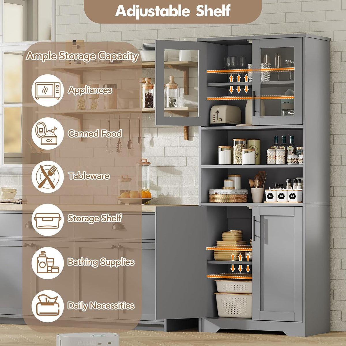 GarveeHome 67" Tall Storage Cabinet, Tall Bathroom Cabinet with Glass Doors and Adjustable Shelves