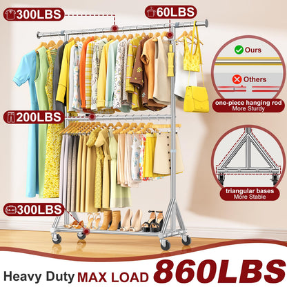 Steel Heavy Duty Tall Clothes Rack Load 860LBS, 73-81"H x 17"D x 42-63"W, Adjustable Two Tier