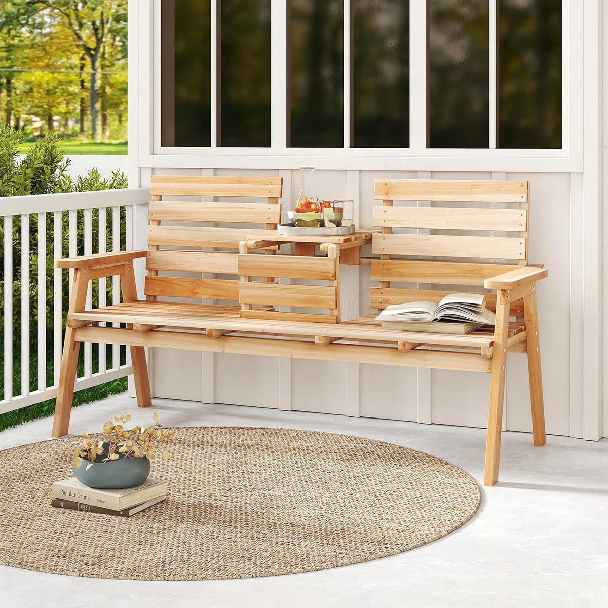 Tangkula Outdoor Fir Wood Bench with Foldable Middle Table, 2-3 Person Garden Bench with Backrest