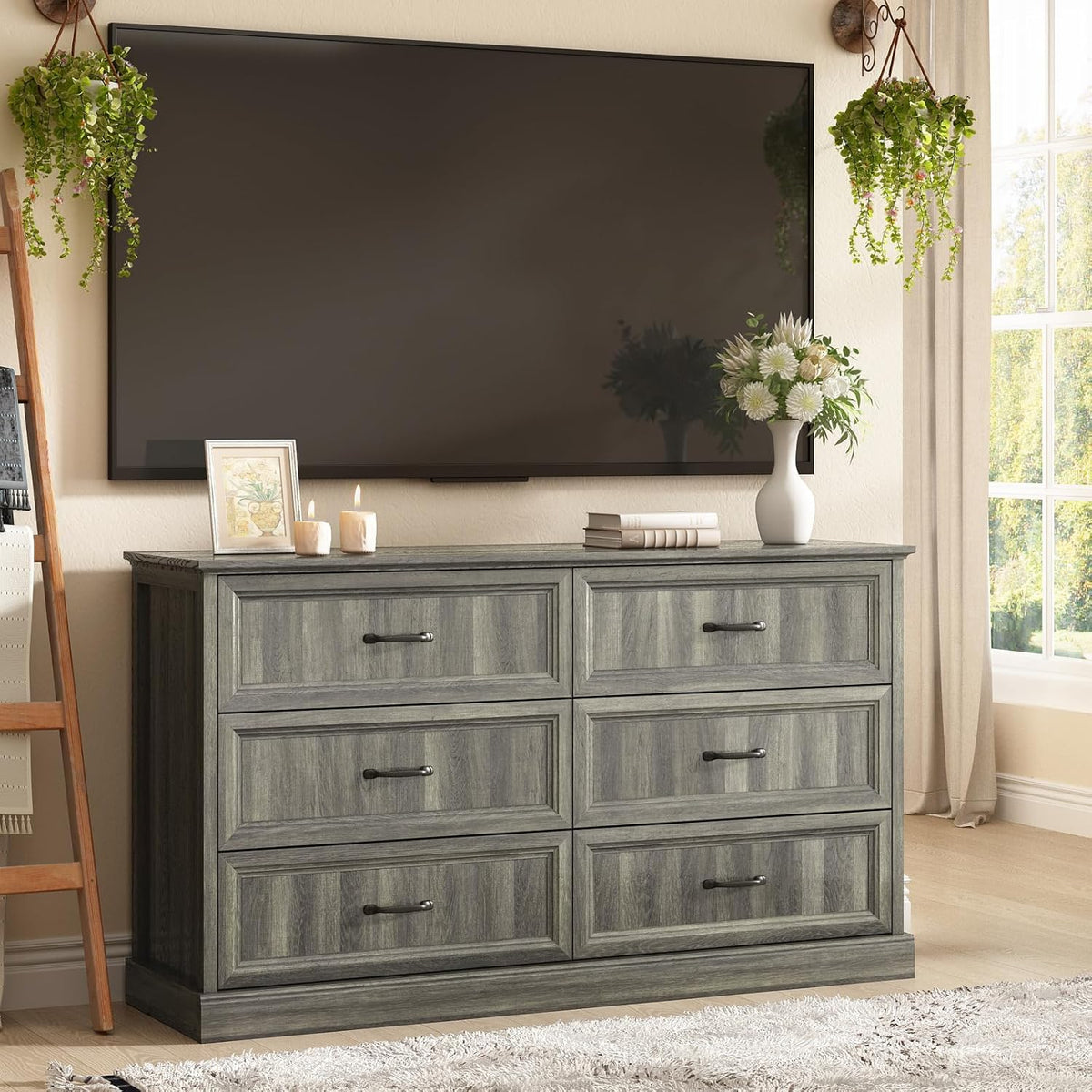 Farmhouse 6 Drawer Dresser for Bedroom, 55 Inch Wide Modern Grey Dresser TV Stand with Large