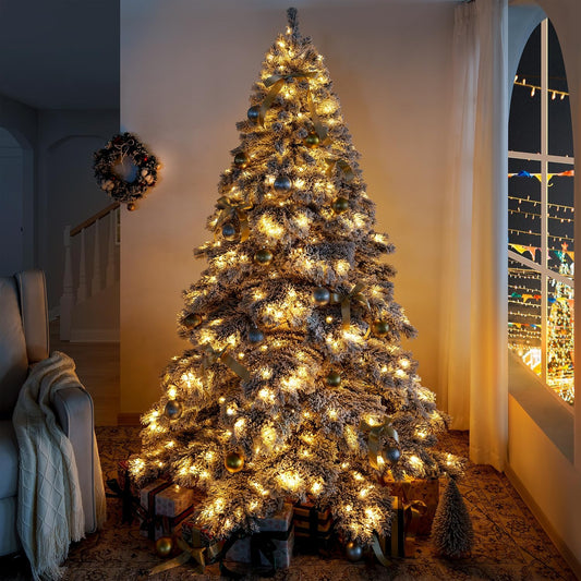 Naomi Home 7.5ft Snow Flocked Christmas Tree with Lights, Realistic Frosted Prelit with 1324 Branch