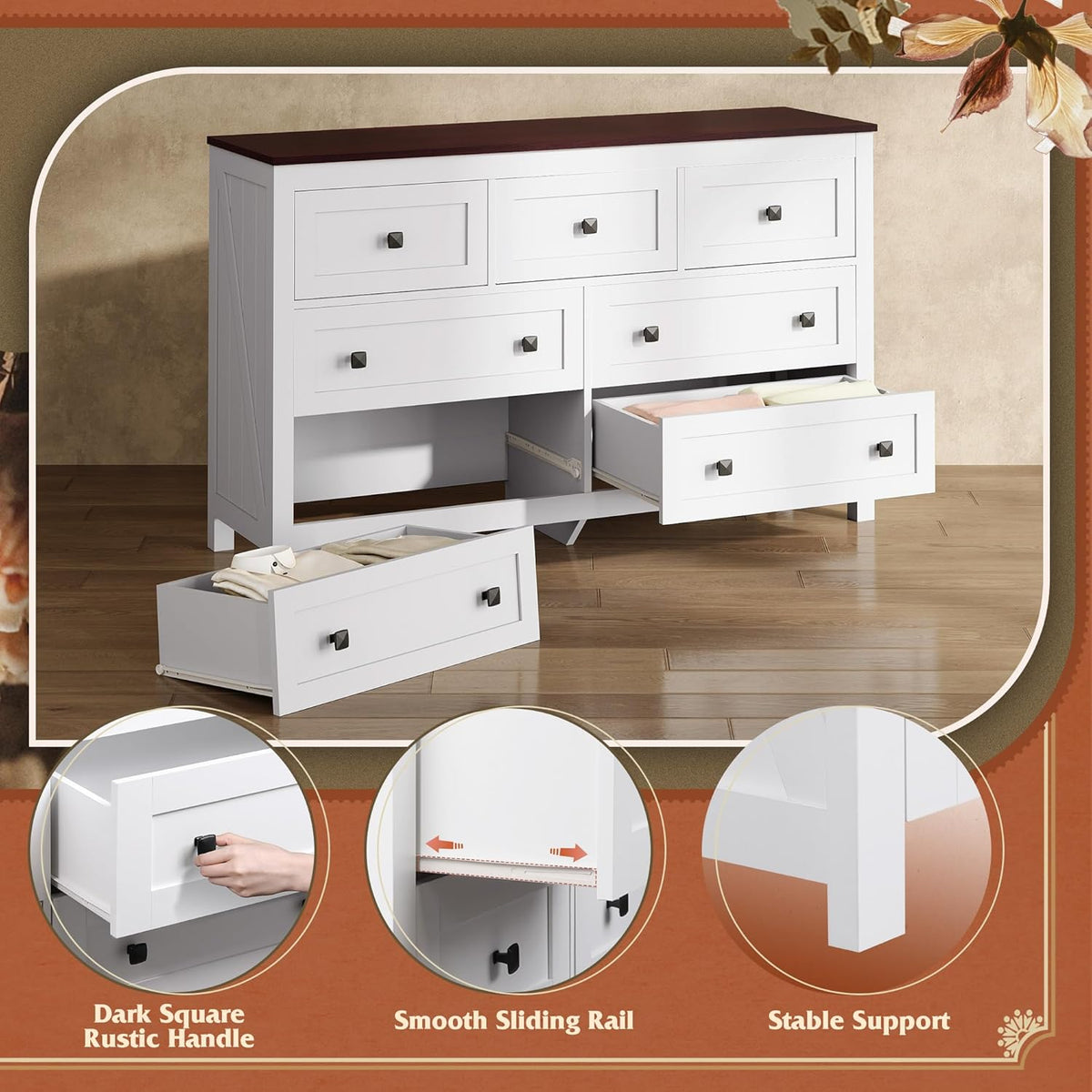 WLIVE Farmhouse Dresser for Bedroom, 51.18'' Wide 7 Drawer Wood Dresser, White TV Stand for 65 inch