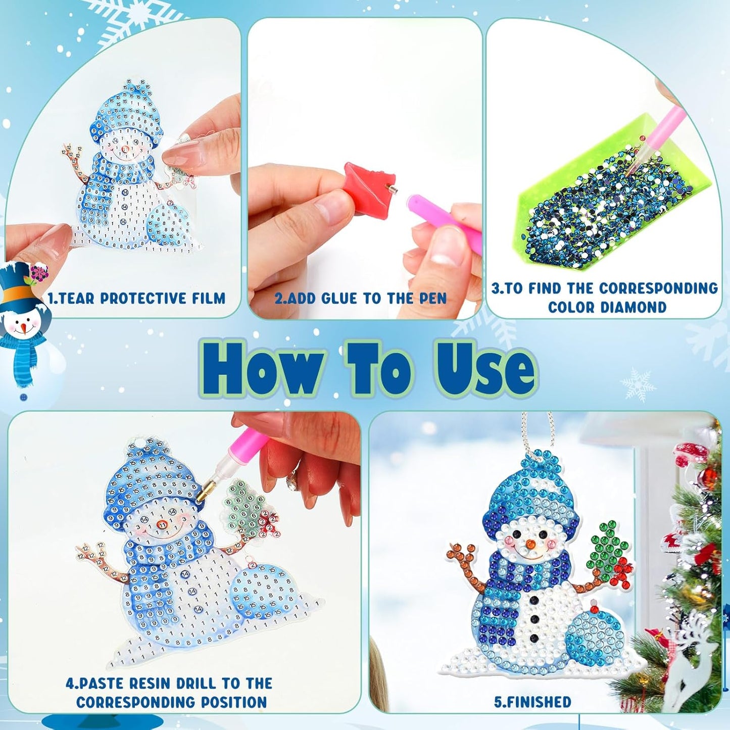 Skylety 20 Pcs Christmas Diamond Art Ornaments Kit Cute Snowman Diamond Painting Ornaments Tag DIY