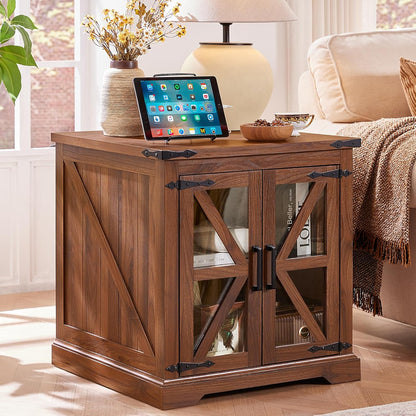 24" End Table Set of 2 with Charging Station, Farmhouse Night Stand with Glass Barn Door