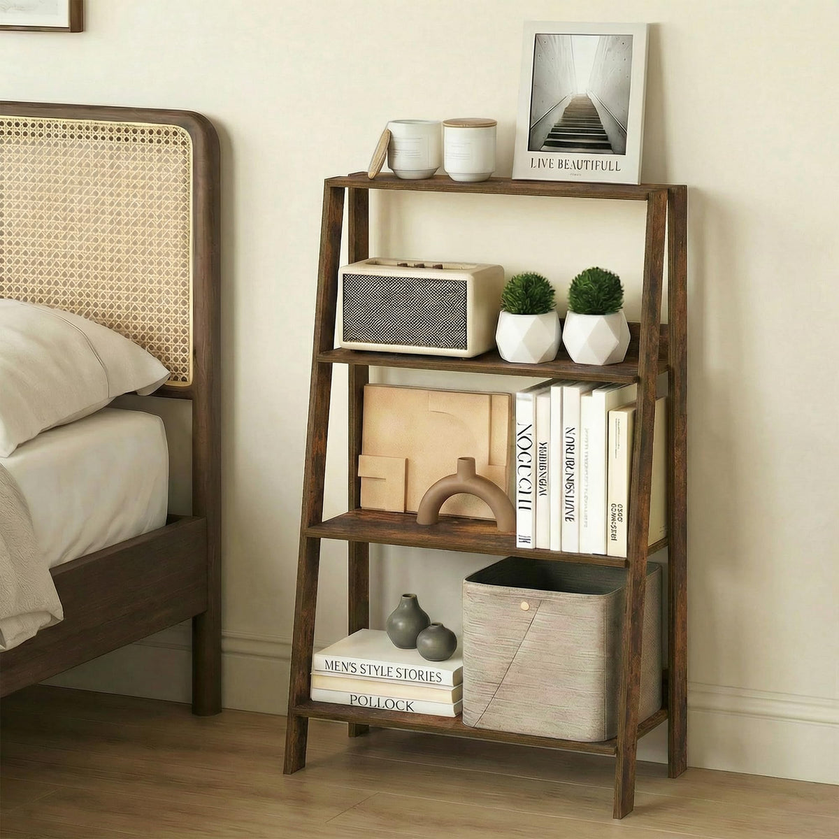 Furinno Ladder 4-Tier Book Shelf, Open Frame Ladder Shelf, Amber Pine