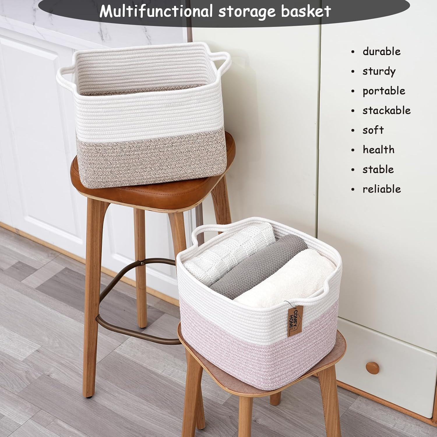 COMFY-HOMI Cotton Rope Woven Basket with Handles for Shelves,Toys,Book, Cloth Storage Baskets for