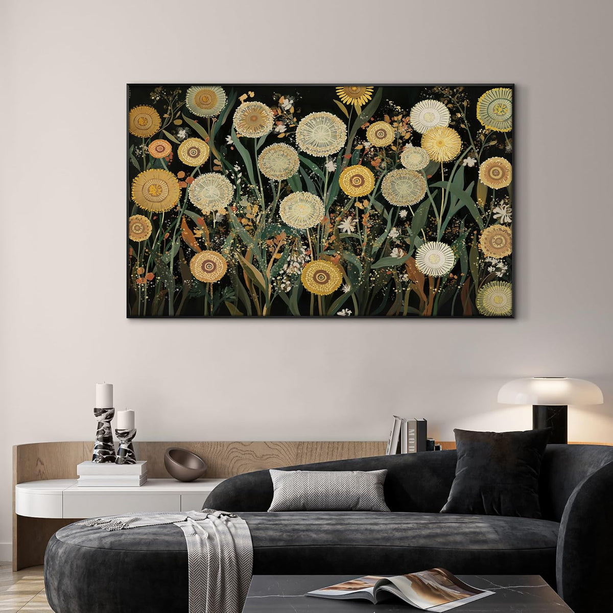 SIGNWIN 30"x60" Extra Large Framed Wall Art Whimsical Dandelion Field in Yellow and Green, Playful