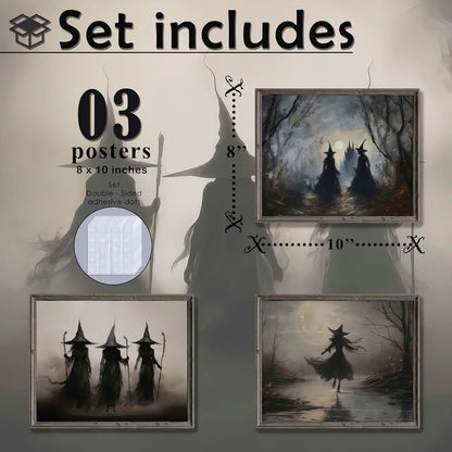 LANCHI95 3 Pcs 8x10in Vintage Rustic Witch Posters Halloween Wall Art Witch in The Forest Painting