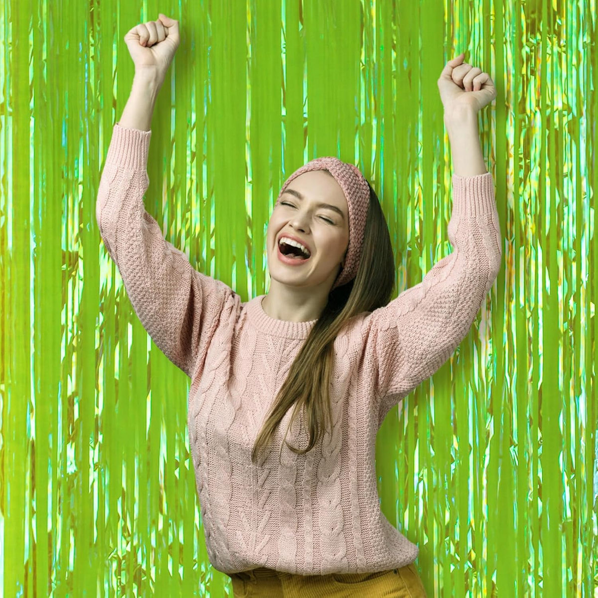 3 Pack 3.3x8.2 Feet Neon Green Foil Fringe Backdrop Curtains, Tinsel Streamers Birthday Party