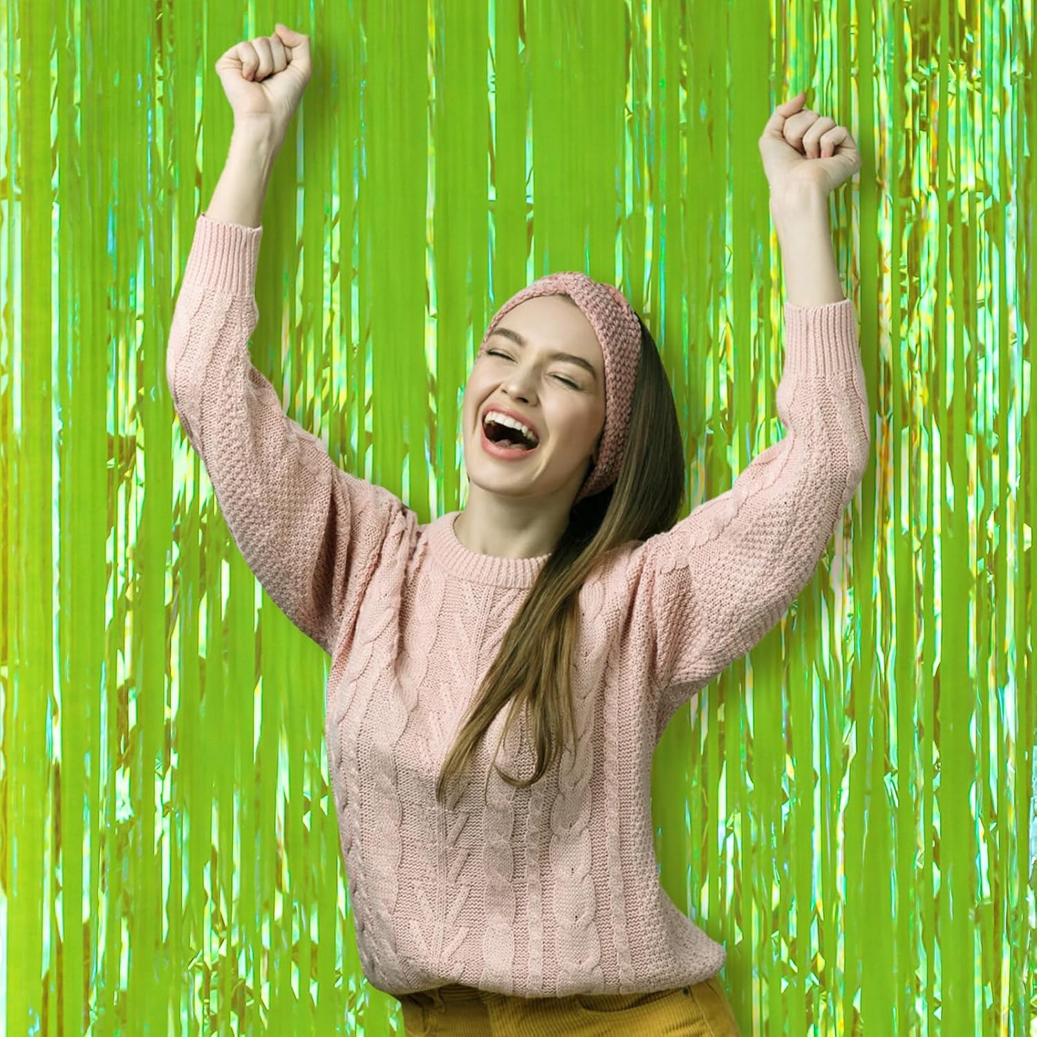 3 Pack 3.3x8.2 Feet Neon Green Foil Fringe Backdrop Curtains, Tinsel Streamers Birthday Party