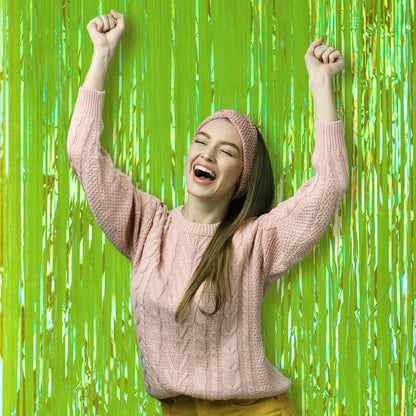 3 Pack 3.3x8.2 Feet Neon Green Foil Fringe Backdrop Curtains, Tinsel Streamers Birthday Party