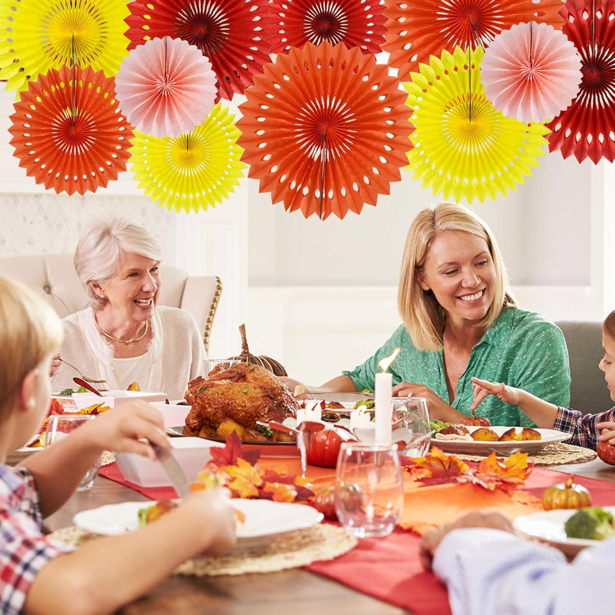BEISHIDA Fall Orange Hanging Honeycomb Round Paper Fans Decoration Set for Thanksgiving Harvest