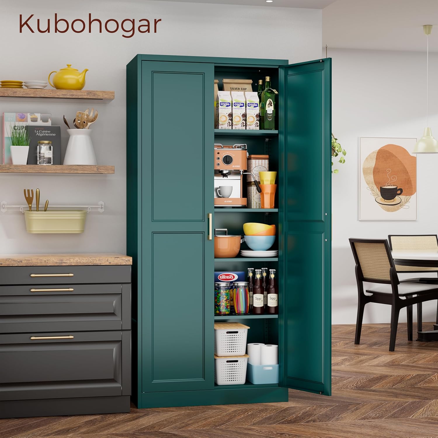 71" Metal Pantry Cabinet, Tall Kitchen Pantry Storage Cabinet with 4 Adjustable Shelves and Gold