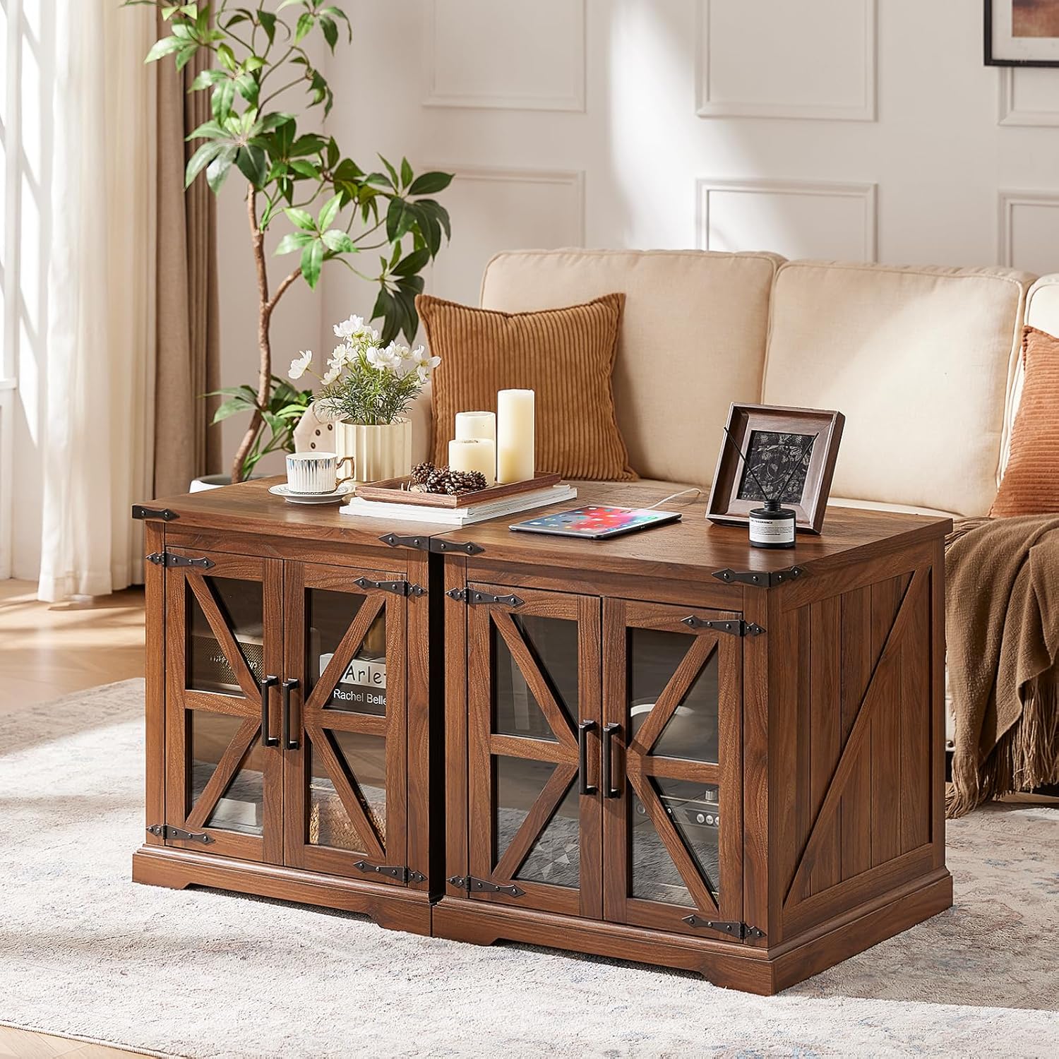 24" End Table with Charging Station, Farmhouse Night Stand with Glass Barn Door, Green Nightstands
