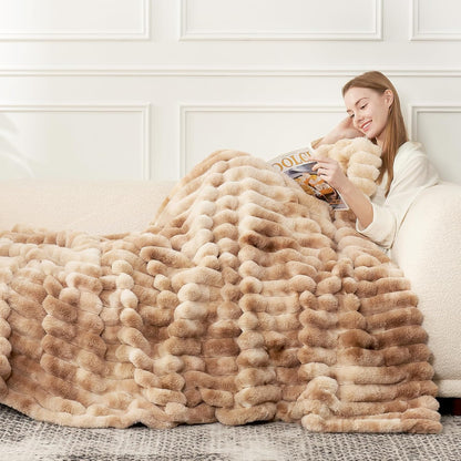 Cozy Bliss Faux Fur Throw Blanket for Couch, Cozy Warm Plush Striped Blanket for Sofa Bedroom