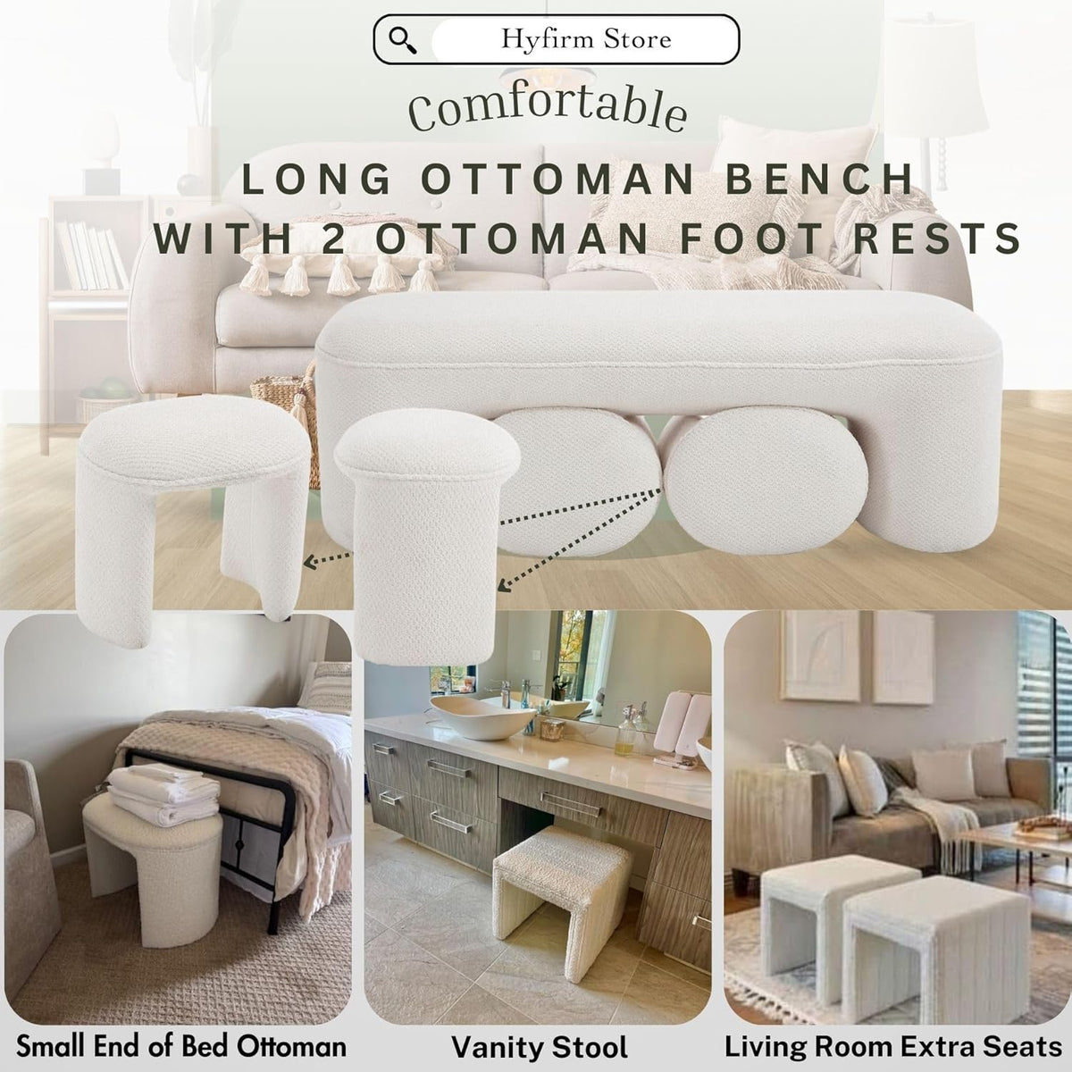 3-Piece 53" Comfy Upholstered Dining Bench with 2 Ottomans, Accent Waterfall Bench Modern End of
