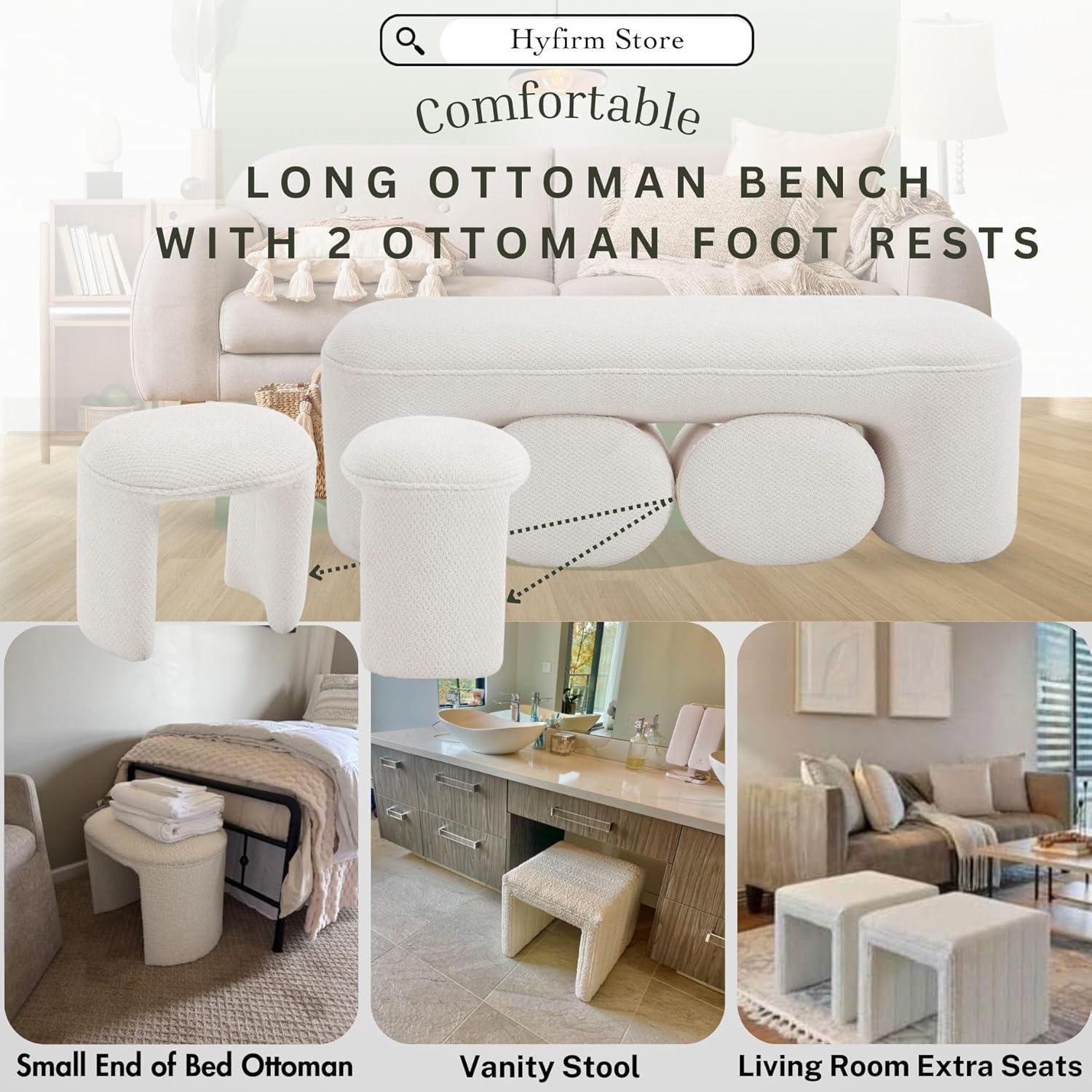 3-Piece 53" Comfy Upholstered Dining Bench with 2 Ottomans, Accent Waterfall Bench Modern End of