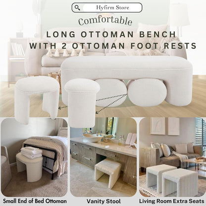 3-Piece 53" Comfy Upholstered Dining Bench with 2 Ottomans, Accent Waterfall Bench Modern End of
