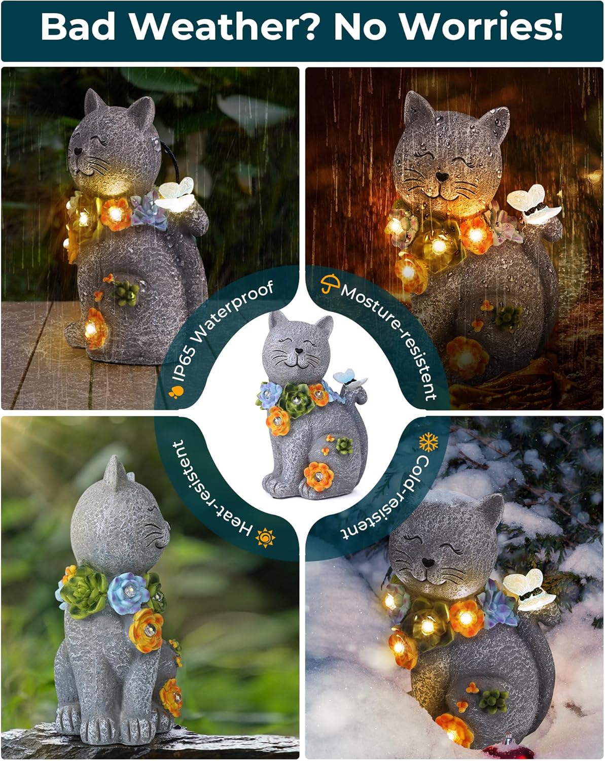 Solar Garden Statues Outdoor Decor, 6 LED Cat Flowers Butterfly Figurine Lights, Waterproof for